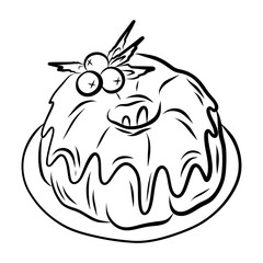 Line art illustration of a Christmas cake with berries. Festive food isolated on a white background. Christmas dessert.