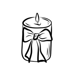 Linear illustration candle with cute bow. Festive decor on white background.