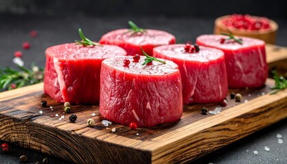 Raw, cut beef fillets, seasoned and ready to cook, on a wooden board