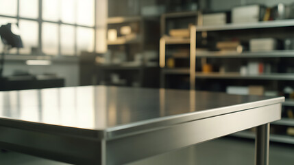 Fototapeta premium A commercial kitchen, bathed in soft light, presents a clean, stainless steel table. Shelves filled with organized supplies line the back, ready for culinary adventures.