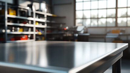 A metal table is the focal point against the backdrop of a cluttered workshop or storage area, illuminated by soft window light, suggesting organization and functionality.