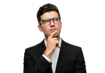 Thoughtful young businessman wearing glasses pondering a decision with a hand on his chin transparent background