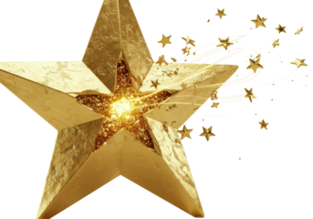 Radiant hammered gold star, intricate veins, twisting, point splitting, revealing shimmering liquid glitter core, with spinning smaller stars & light trails, low angle, cosmic transformation