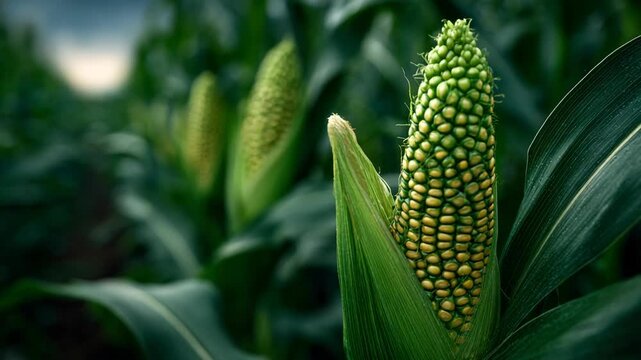 Close-up of Fresh Green Corn on the Cob Growing in a Field, Agricultural Crop Ready for Harvest, Rural Farm