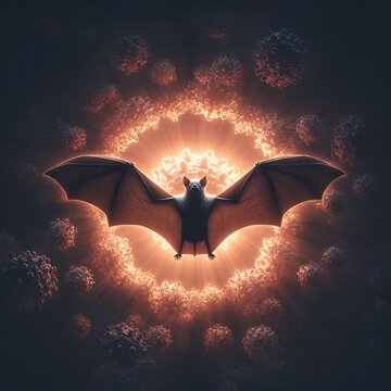 Animal coronavirus study surreal glowing bat silhouette radiant viral halo futuristic zoonotic illustration