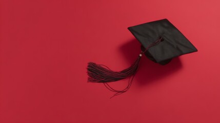 academia. Graduation cap with tassel and decorative bow on red background in a top-down view composition. event programs, museum guides, designed for cultural heritage projects and event programs.
