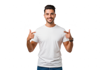 Man in white t-shirt giving thumbs up and smiling confidently transparent background