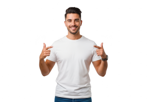 Man in white t-shirt giving thumbs up and smiling confidently transparent background