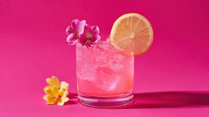 A glass of pink drink with a slice of lemon on top. The drink is served in a glass with a pink background