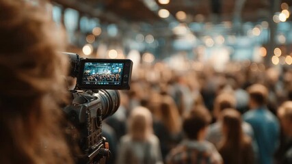 Professional Camcorder Recording a Large Crowd at a Conference or Event, Capturing the Energy and Excitement of the Audience.