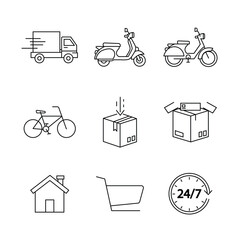 Set of delivery and shipping icons, representing various modes of transportation and service options