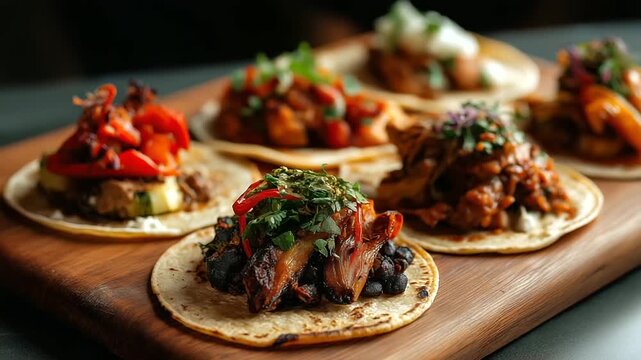 A selection of vegetarian tacos displayed on a wooden board roasted bell peppers zucchini and black beans topped with fresh herbs and colorful garnishes tortillas slightly char