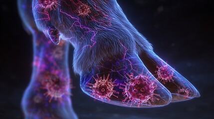 Animal foot mouth disease glowing neon cow hoof cracked by radiant virus particles futuristic conceptual art