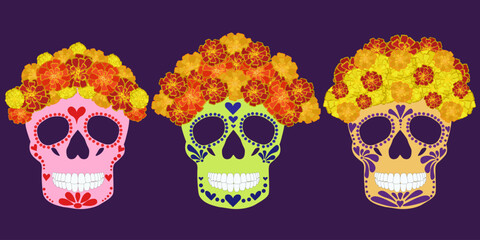 Day of the Dead set of skulls in a festive wreath of marigolds, a symbol for a traditional Mexican holiday
