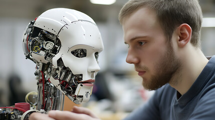 A focused technician examines a humanoid robot. The man is carefully observing the intricate details of the machine's face, hinting at development, repair, or inspection.