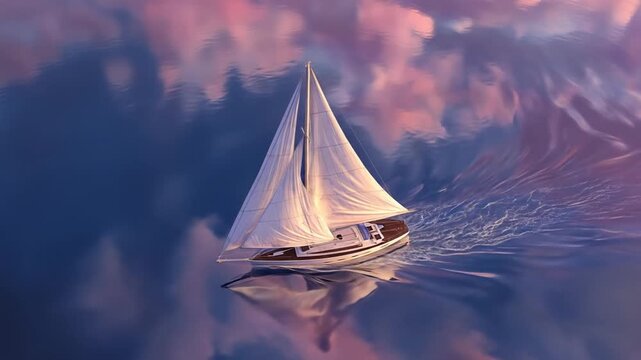 Dreamy sailboat on a calm ocean with a vibrant, colorful sky. Peaceful nautical adventure and tranquil journey concept.