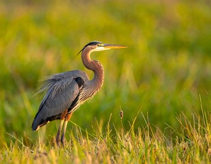 A regal heron stands in a field of vibrant green grass, bathed in warm sunlight, observing its surroundings