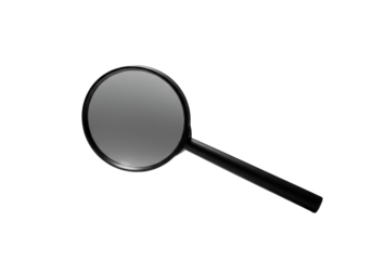 Minimalist matte black magnifying glass with a pristine optical lens, tilted on a transparent background, studio lit. Concept of high-end product aesthetics