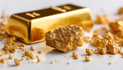 Gold nuggets and bar on shiny background, closeup