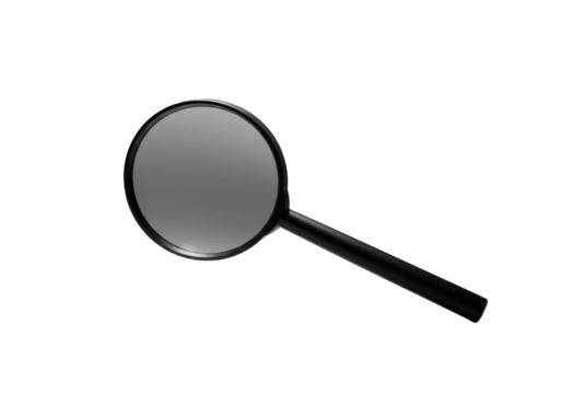 Minimalist matte black magnifying glass with a pristine optical lens, tilted on a transparent background, studio lit. Concept of high-end product aesthetics - Powered by Adobe