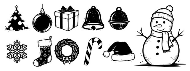 christmas icons sketch set. Hand drawn collection of winter holiday symbols: snowman, gift, tree, snowflake. Vector illustration.