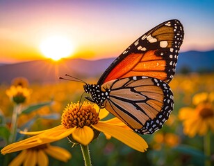 A monarch butterfly rests on a bright yellow flower. The sunset bathes the field in warm orange light. Mountains are visible in the distance