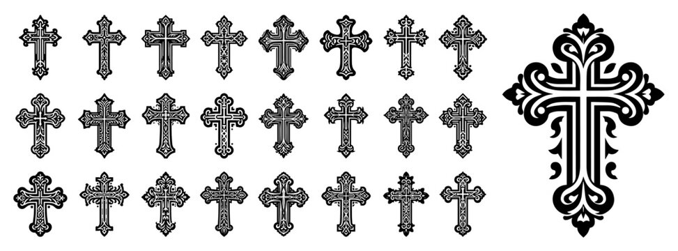 Ornate cross vector set — black decorative Christian symbols, vintage filigree