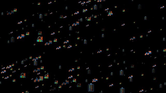 Business analytics icons scattered on a dark backdrop. Premium business icon with particles 4k animation.