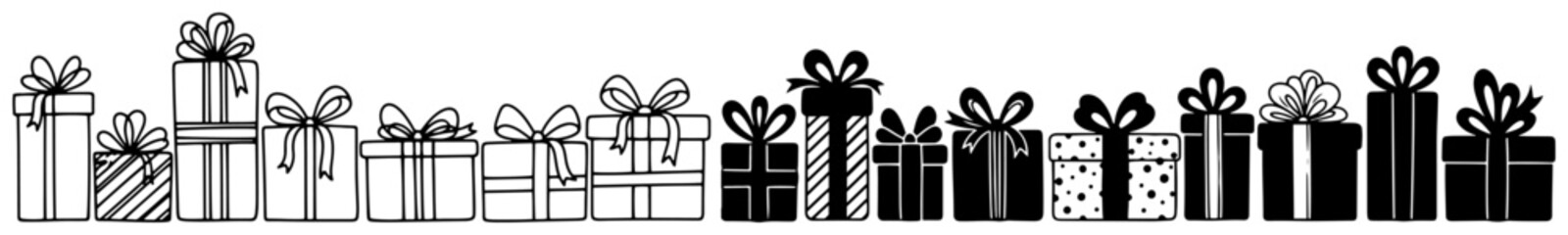 Gift Box Border Set. Vector Collection of Christmas Presents in Outline and Silhouette Styles.
