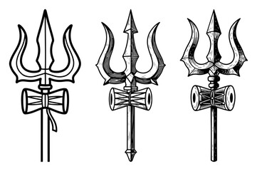 Trishula with damaru vector set — black Hindu trident line art icons