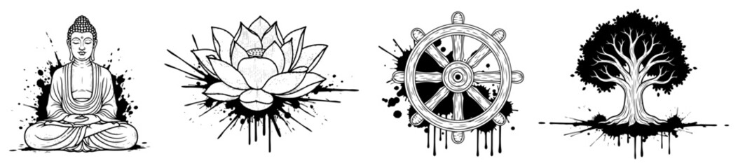 Obraz premium Set of Buddhism Symbols with Ink Splatter Effect. Artistic Vector Illustration Collection.