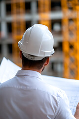 An engineer inspects the construction blueprint at a construction site, wearing a white shirt and hard hat, with a crane in the background, emphasizing precision and future.