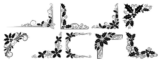 Decorative Corner Set. Floral, Christmas Holly and Poinsettia Ornaments. Vector Design Elements.