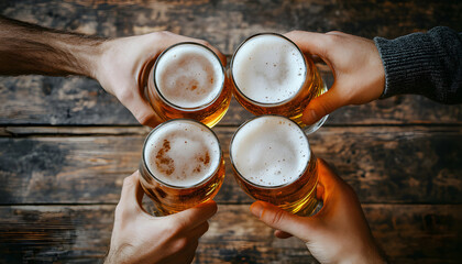 Top-down overhead view of three hands holding beer glasses in a toast over rustic wooden table, golden lager beer with white foam