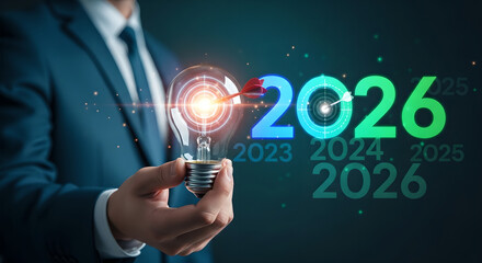 2026 Business Goals Success Innovation Businessman Holding Lightbulb Copy Space