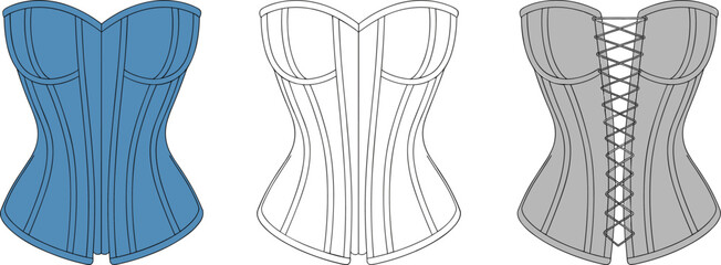 Corset front view illustration, sweetheart neckline, vertical boning, lace-up back, design variations, CAD drawing flat vector illustration