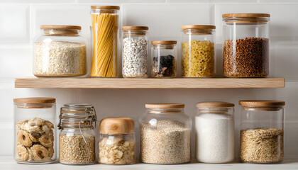 Collection of grain products in storage jars in pantry