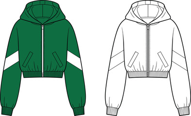Cropped hooded jacket front view, diagonal sleeve stripes, front zipper, ribbed cuffs, technical sketch, CAD drawing flat vector illustration