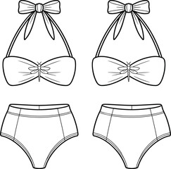 Halter bikini set, high waist bottoms, bow detail, gathered top, swimwear sketch, CAD drawing, flat vector illustration, fashion template