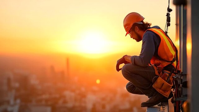 Rooftop installer balancing carefully on a ledge while tightening bolts on an antenna city below bathed in warm hues of sunset tools reflecting golden light atmosphere of