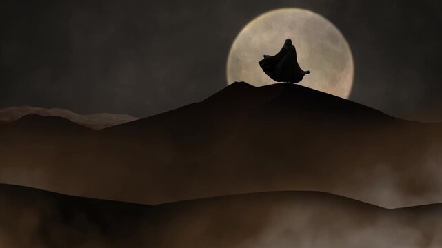 Hooded Figure Desert Moon Sandstorm 4K Loop features the silhouette of a person in a hooded cloak standing on a sand dune with a full moon in the background and cape moving in the wind in a loop.