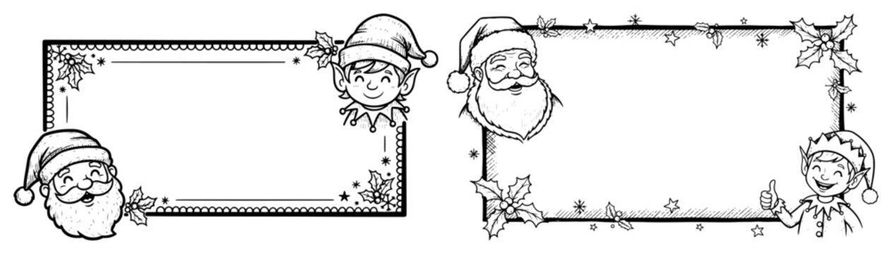 Christmas Frame Set with Santa Claus and Elf. Vector Hand-drawn Holiday Border Collection.