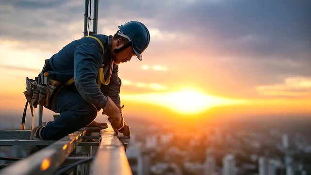 Rooftop installer balancing carefully on a ledge while tightening bolts on an antenna city below bathed in warm hues of sunset tools reflecting golden light atmosphere of