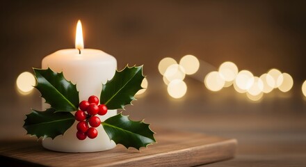 Burning Christmas Candle with Holly and Festive Bokeh Lights for Holiday Ambiance