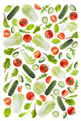 Healthy vegetables pattern of fly green chinese cabbage, leafy greens, tomatoes, cucumbers, isolated. Ingredients of summer salad, texture. Great for farm-fresh produce, culinary advertising, design.