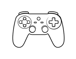 A monochrome illustration of a gaming controller on a white background, featuring various buttons and joysticks