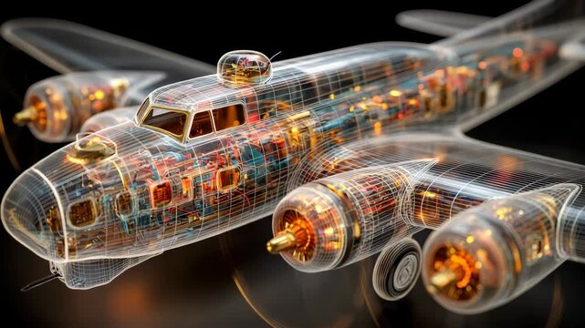 Transparent B-17 Flying Fortress Aircraft Model Showing Internal Components, Engine Detail, and Cockpit, on Black Background