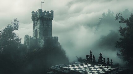 Foggy morning in an old European city with light illuminating a narrow stone archway in a dark alley