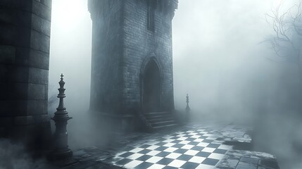 Foggy morning in an old European city with light illuminating a narrow stone archway in a dark alley