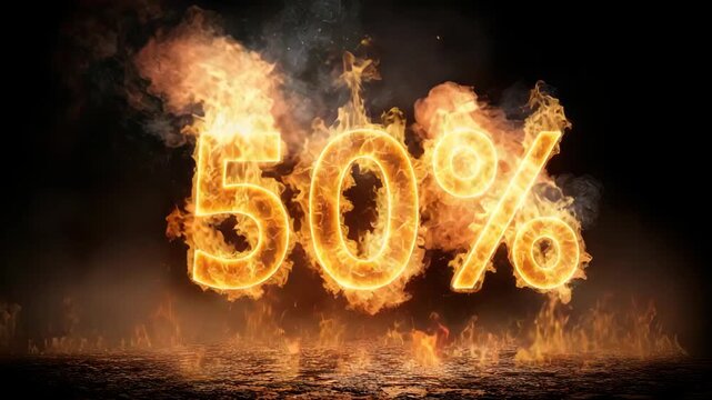 Fiery Fifty Percent Off: Burning Hot Sale Promotion with Flames and Smoke on Black Background, Special Offer, Discount.